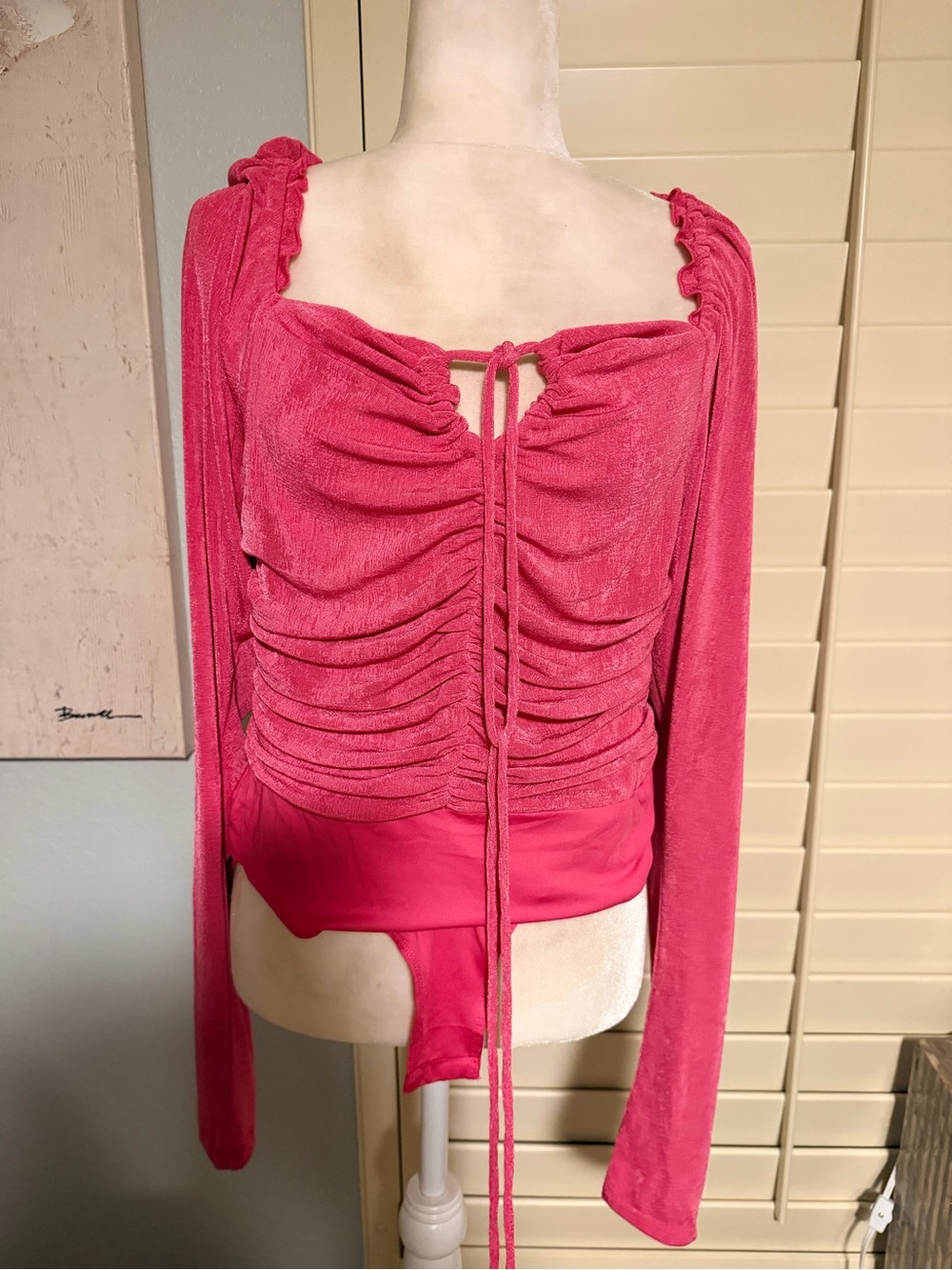 White Birch Hot Pink Ruched Long Sleeve Bodysuit L